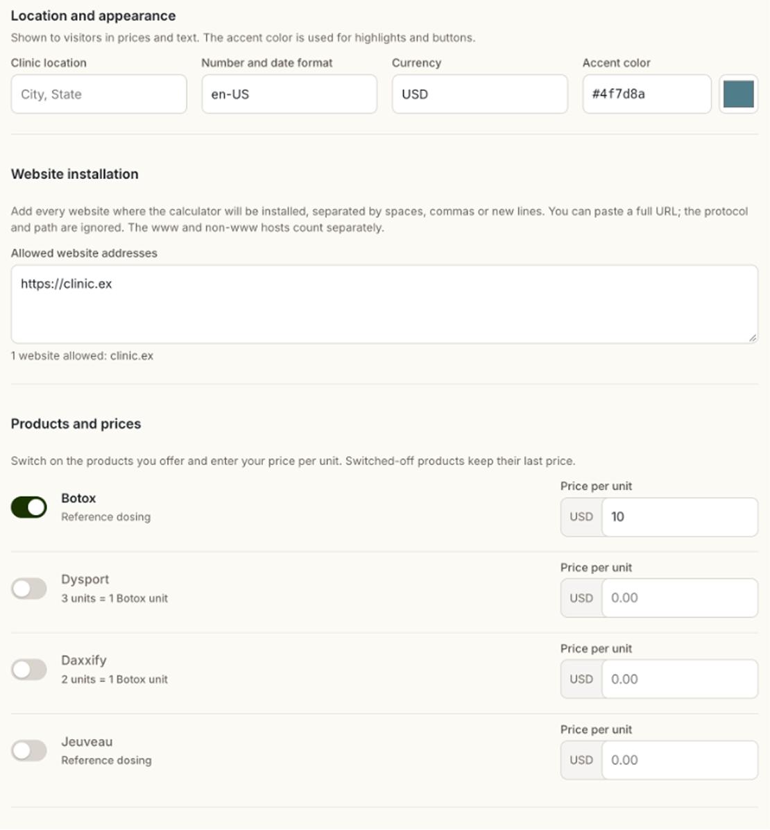 The MedSpaCopy calculator builder showing location and appearance settings, allowed website addresses, and product toggles with per-unit prices during the Configure step