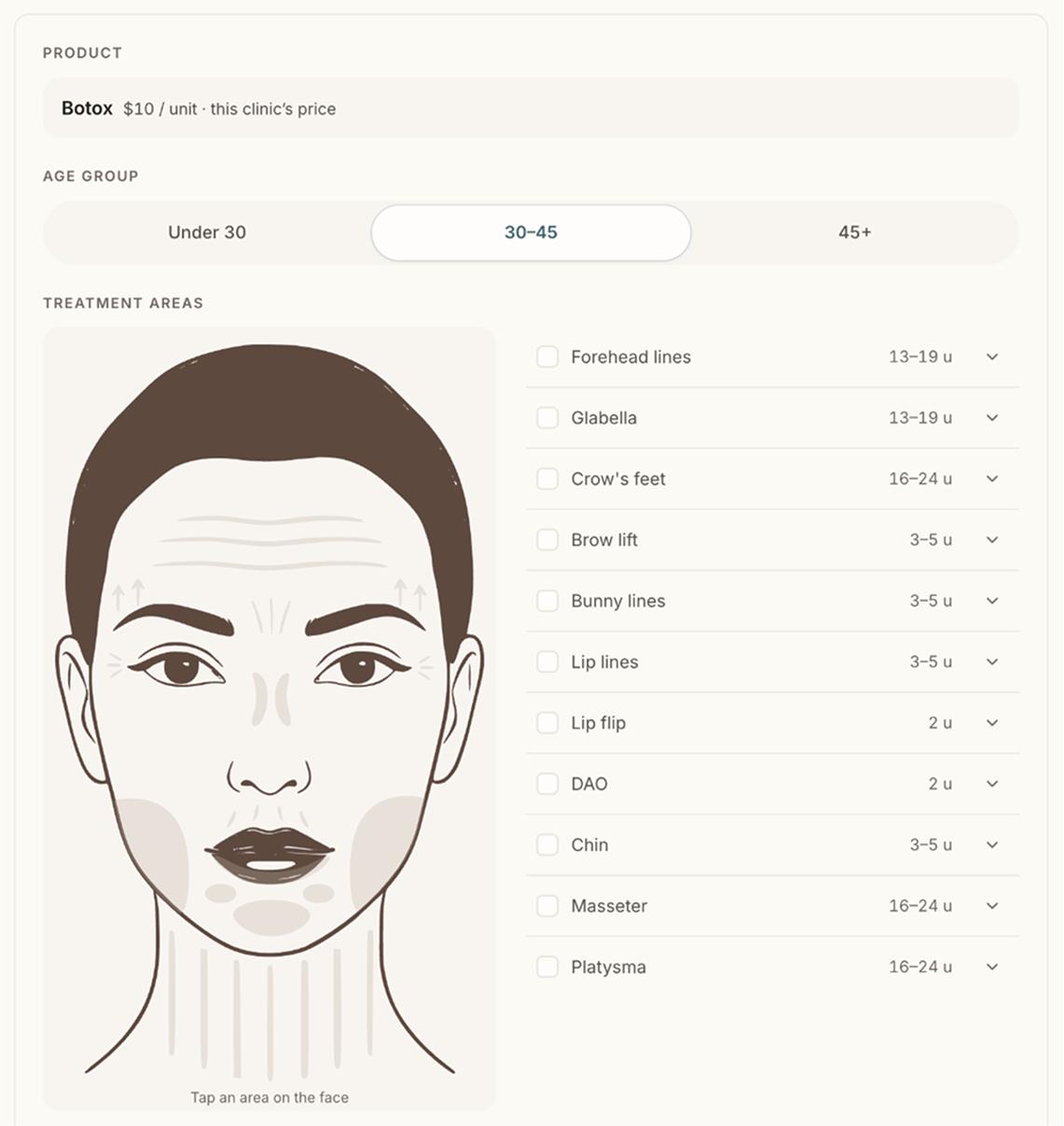 The visitor-facing calculator widget in the Preview step, with a product and price, an age group selector, a face map, and selectable treatment areas