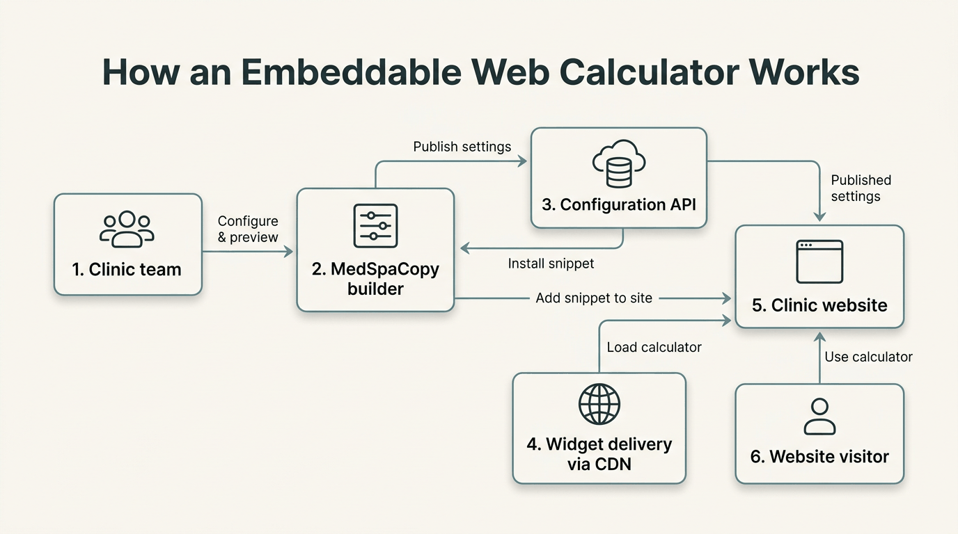 Diagram of how an embeddable web calculator works: the clinic team configures and previews in the MedSpaCopy builder, the builder publishes settings to a configuration API and receives an installation snippet, and the clinic website loads the widget via CDN and the published settings for website visitors