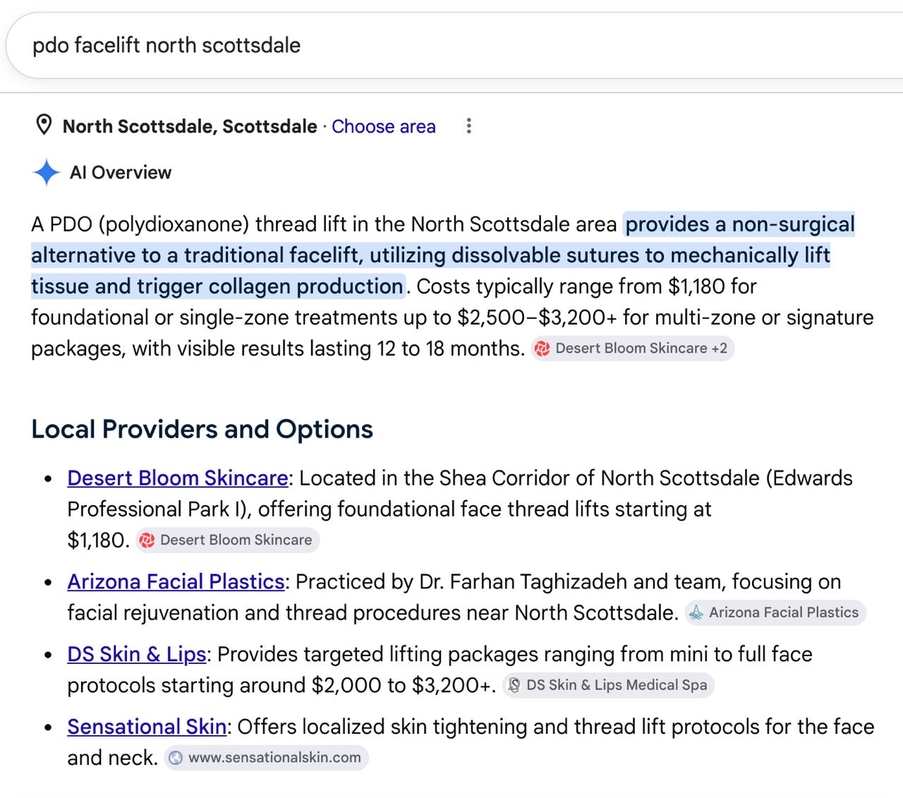 Google AI Overview naming Desert Bloom first for PDO facelift in North Scottsdale